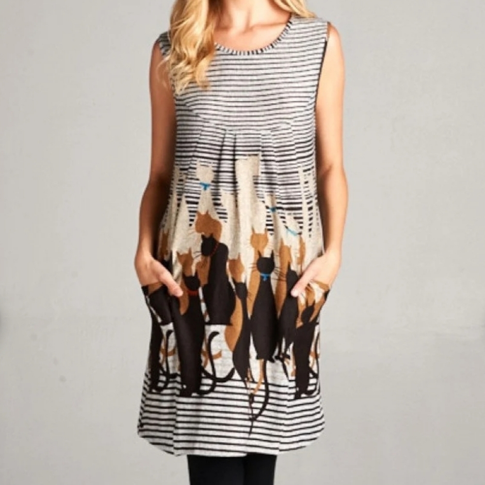 L.A. Soul Black And White Striped Sleeveless Cat Dress Above Knee‎ Quirky Size M